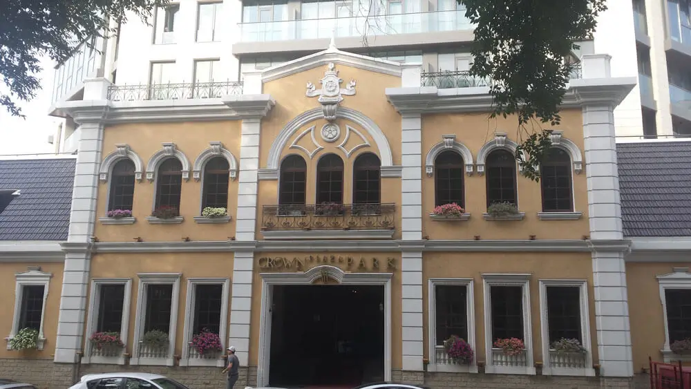 Front of hotel with decorative accents